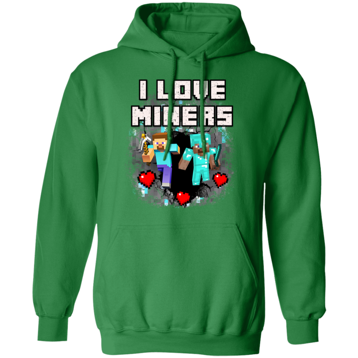 "I Love Miners" green hoodie with mining-themed design; 50% cotton, 50% polyester.